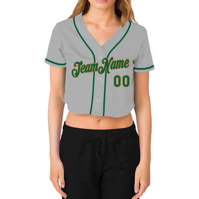 Custom Women's Gray Kelly Green-Old Gold V-Neck Cropped Baseball Jersey - Owls Matrix LTD