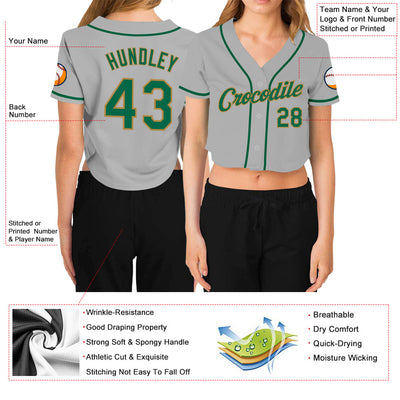 Custom Women's Gray Kelly Green-Old Gold V-Neck Cropped Baseball Jersey - Owls Matrix LTD