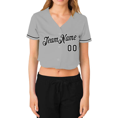 Custom Women's Gray Black-White V-Neck Cropped Baseball Jersey - Owls Matrix LTD