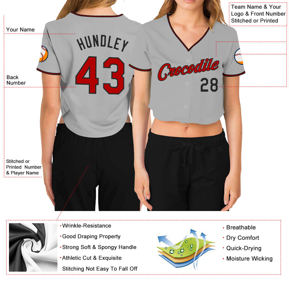 Custom Women's Gray Red-Black V-Neck Cropped Baseball Jersey - Owls Matrix LTD