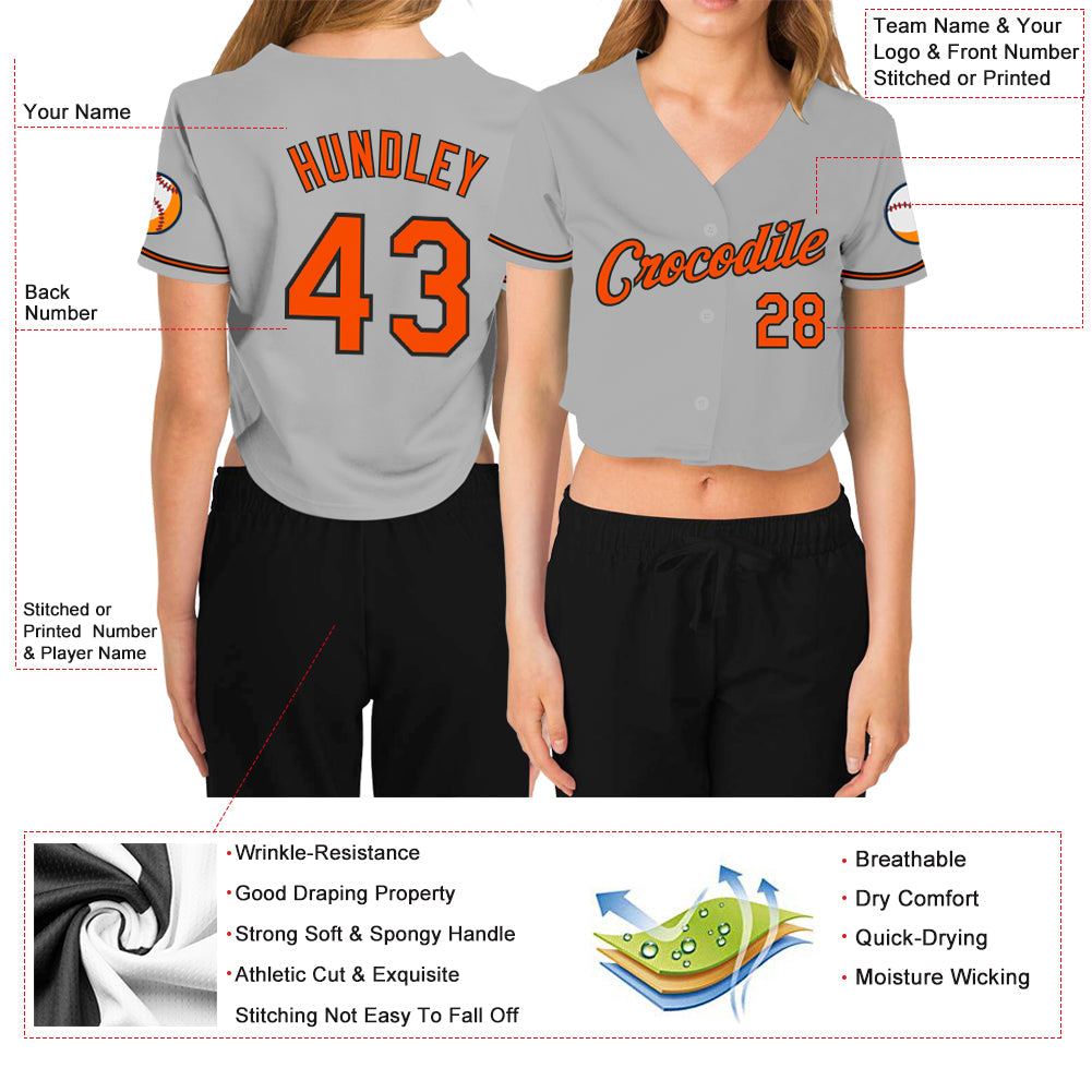 Custom Women's Gray Orange-Black V-Neck Cropped Baseball Jersey - Owls Matrix LTD