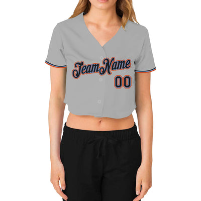 Custom Women's Gray Black Powder Blue-Orange V-Neck Cropped Baseball Jersey - Owls Matrix LTD