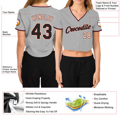 Custom Women's Gray Black Crimson-Cream V-Neck Cropped Baseball Jersey - Owls Matrix LTD