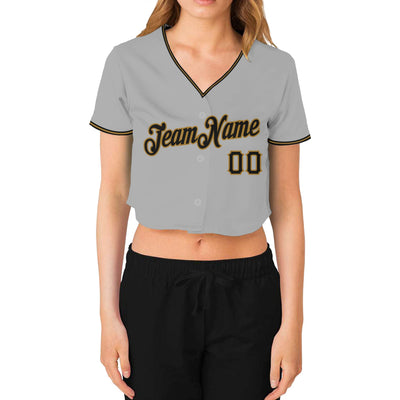 Custom Women's Gray Black-Old Gold V-Neck Cropped Baseball Jersey - Owls Matrix LTD