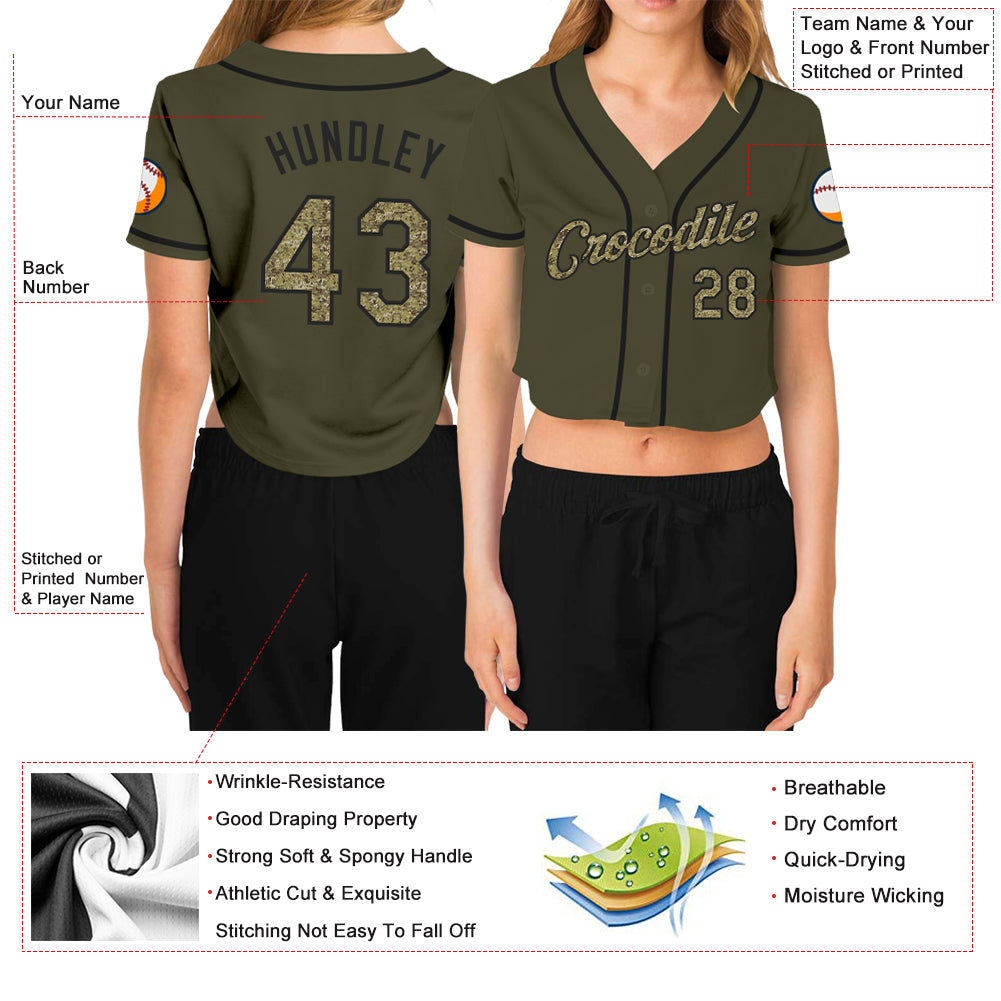 Custom Women's Olive Camo-Black Salute To Service V-Neck Cropped Baseball Jersey - Owls Matrix LTD
