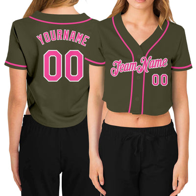 Custom Women's Olive Pink-White Salute To Service V-Neck Cropped Baseball Jersey - Owls Matrix LTD