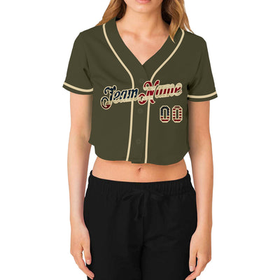 Custom Women's Olive Vintage USA Flag-Cream Salute To Service V-Neck Cropped Baseball Jersey - Owls Matrix LTD