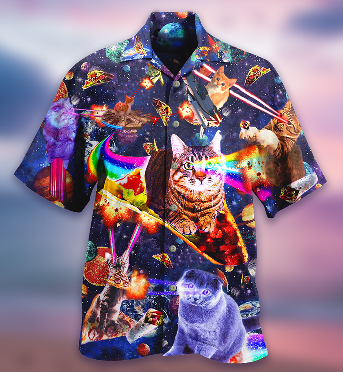 Cat Ride Food In Space Galaxy - Hawaiian Shirt - Owls Matrix LTD
