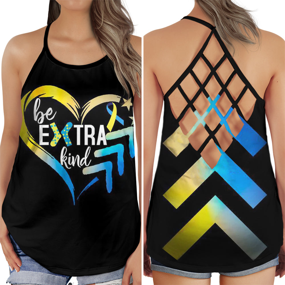 S Down Syndrome Awareness: Be Extra Kind In Heart - Cross Open Back Tank Top - Owls Matrix LTD
