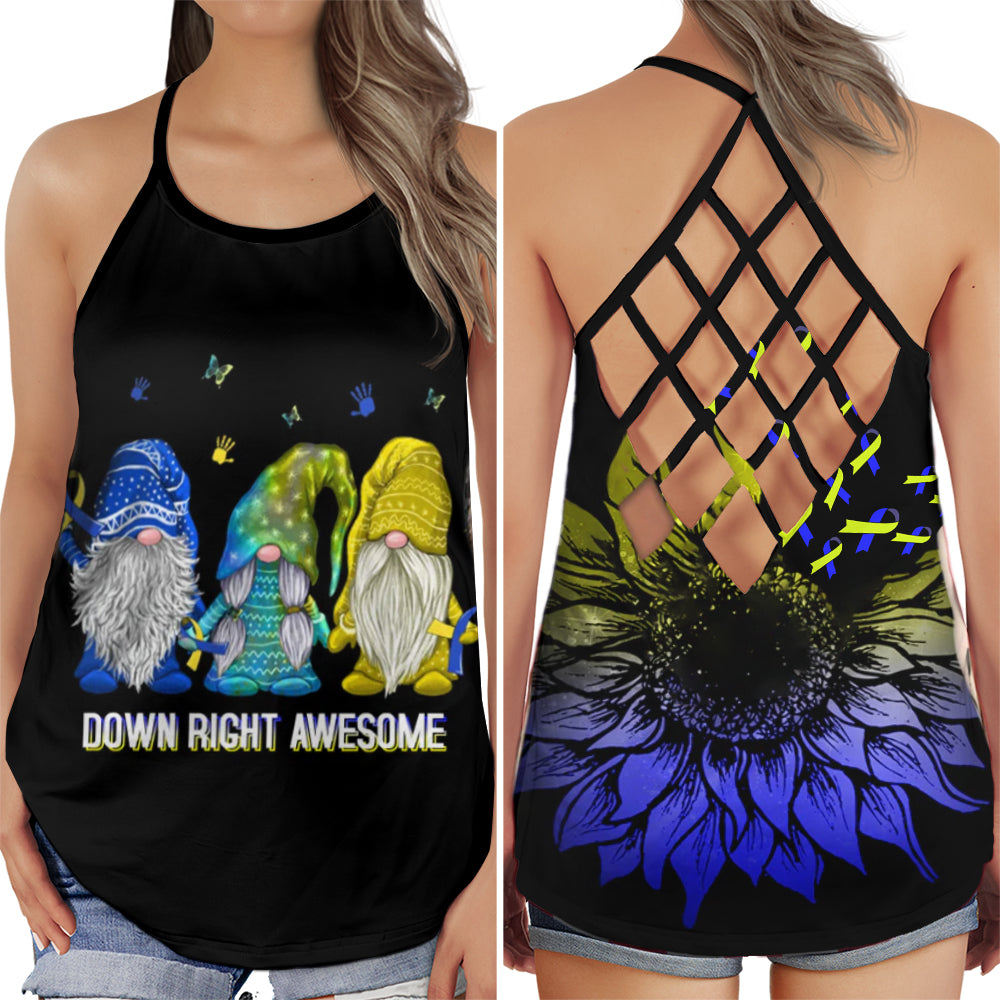 S Down Syndrome Awareness: Down Right Awesome With Black Gnomes - Cross Open Back Tank Top - Owls Matrix LTD
