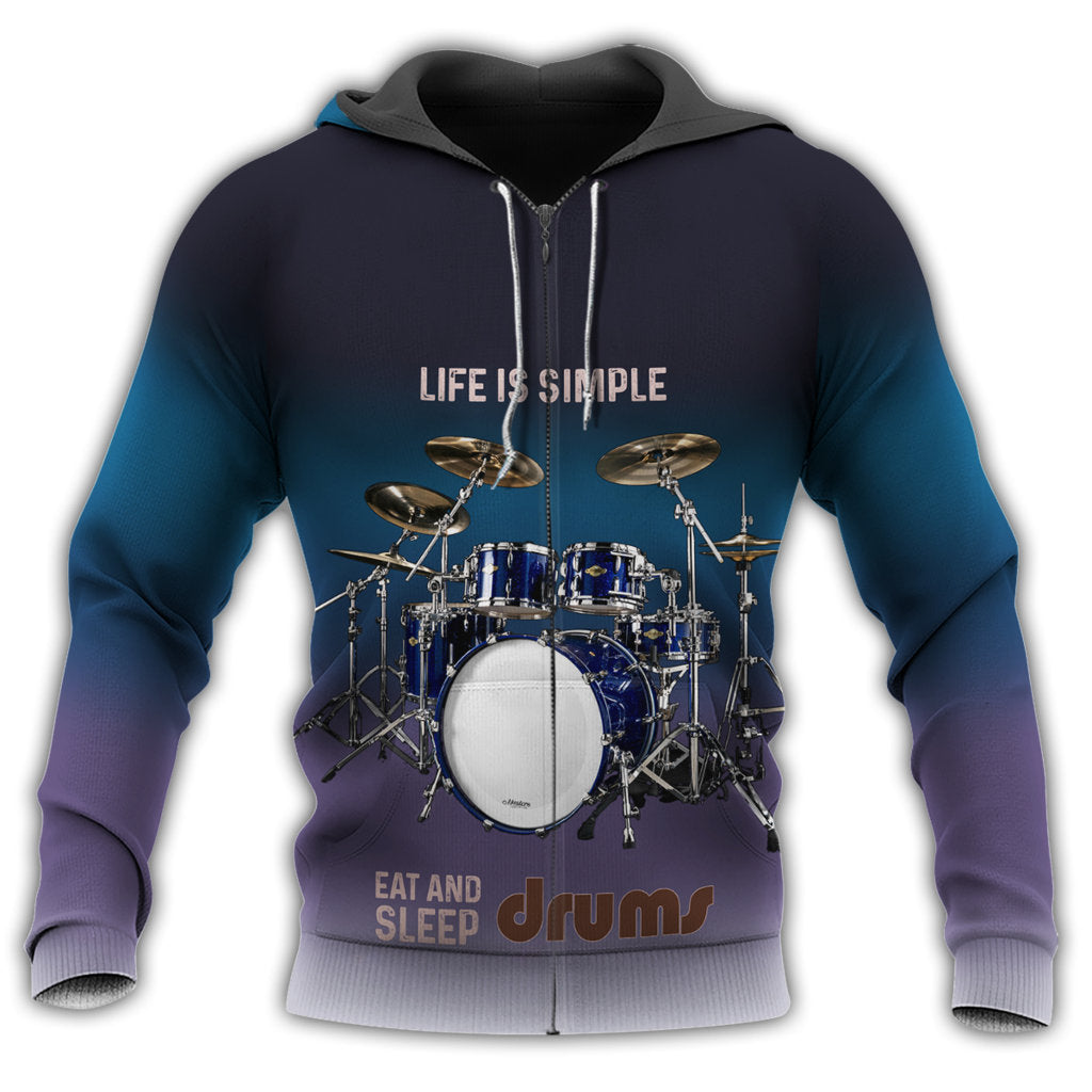 Zip Hoodie / S Drum Life Is Simple Eat And Sleep - Hoodie - Owls Matrix LTD
