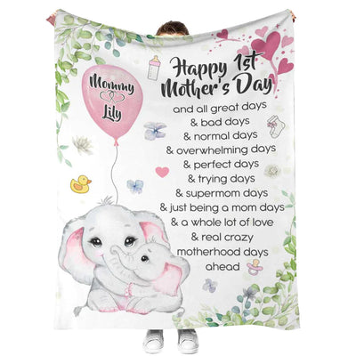 50" x 60" Elephant Happy 1st Mother's Day And All The Days Ahead Personalized - Flannel Blanket - Owls Matrix LTD