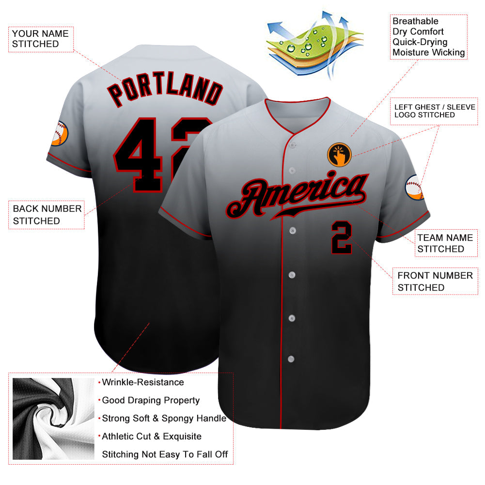 Custom Gray Black-Red Authentic Fade Fashion Baseball Jersey - Owls Matrix LTD