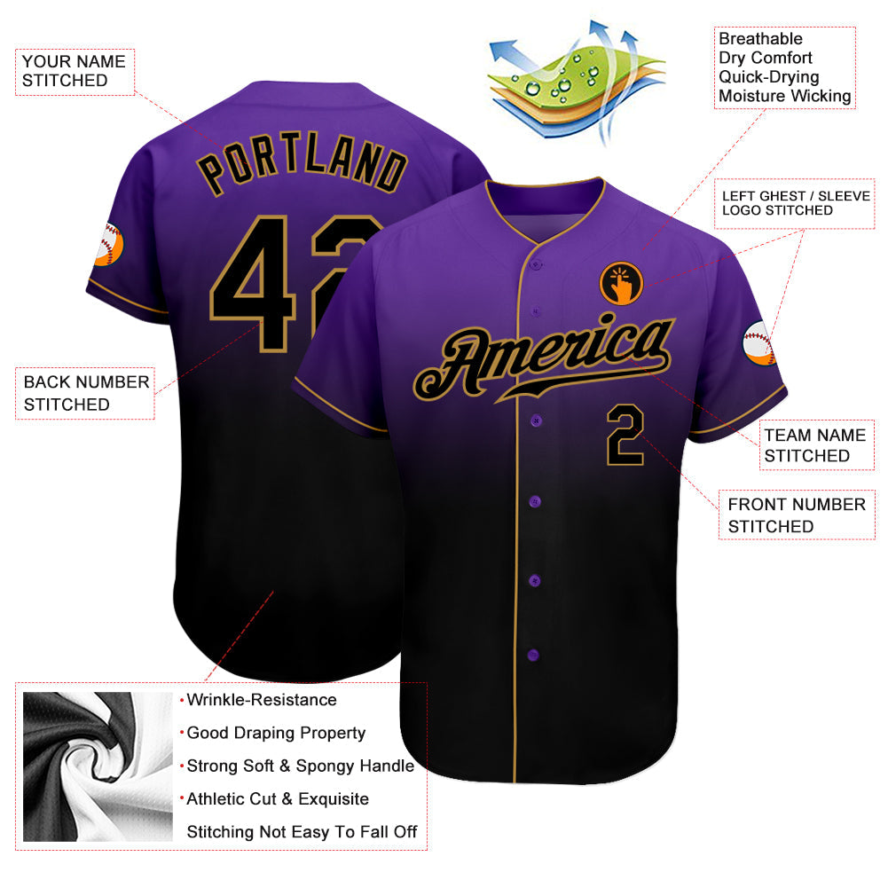 Custom Purple Black-Old Gold Authentic Fade Fashion Baseball Jersey - Owls Matrix LTD