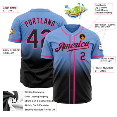 Custom Light Blue Black-Pink Authentic Fade Fashion Baseball Jersey - Owls Matrix LTD
