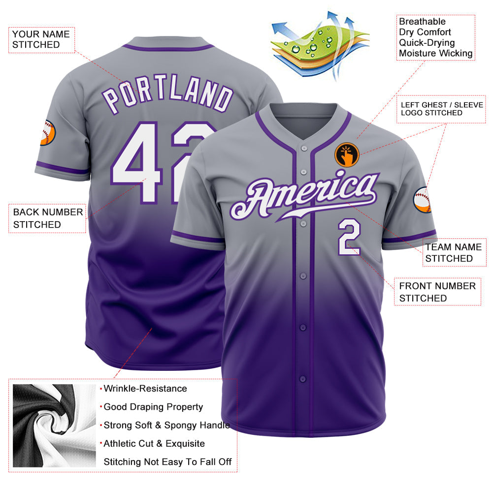 Custom Gray White-Purple Authentic Fade Fashion Baseball Jersey - Owls Matrix LTD