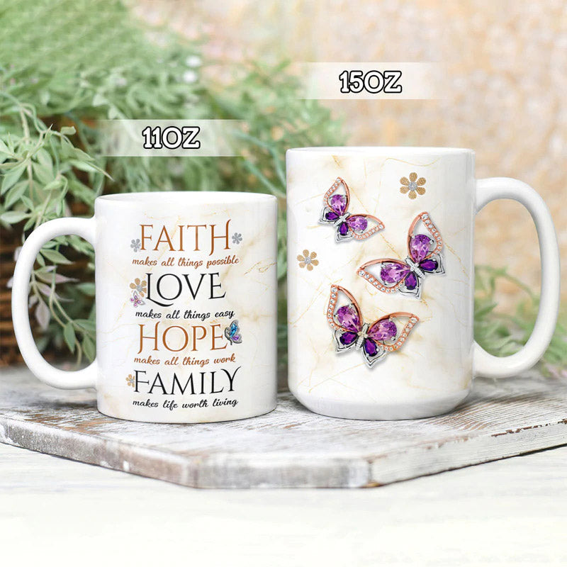 11 Oz Faith Butterfly Love Hope Family - Ceramic Mug - Owls Matrix LTD