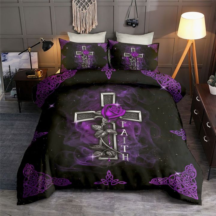 Jesus Faith Purple Cross Purple Rose Christian Love - Bedding Cover - Owls Matrix LTD