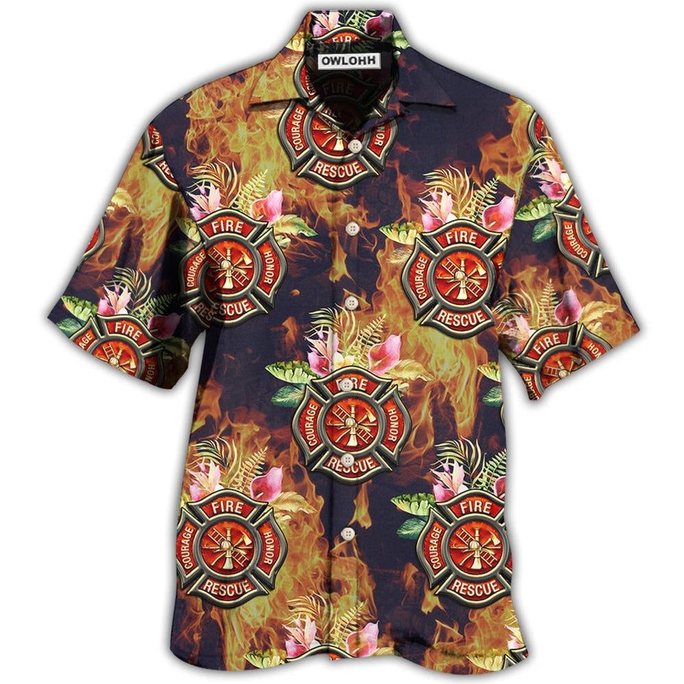 Hawaiian Shirt / Adults / S Firefighter Tropical Floral With Fire Style - Hawaiian Shirt - Owls Matrix LTD