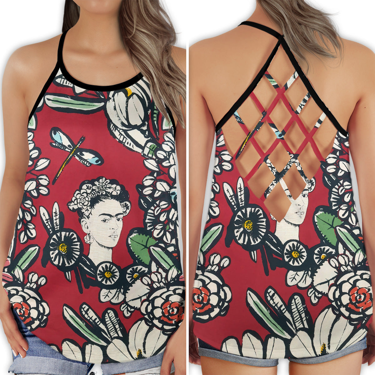 S Frida Kahlo Loves Peace Life Red Style - Cross Open Back Tank Top - Owls Matrix LTD