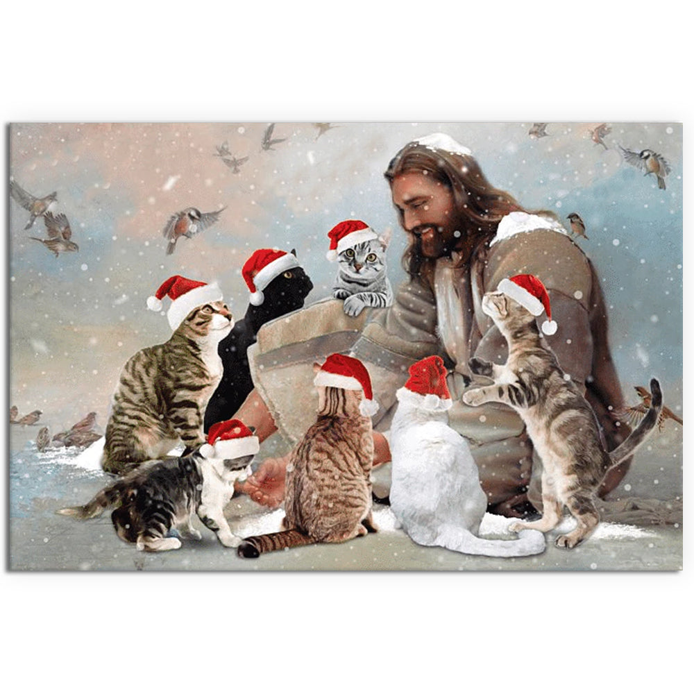12x18 Inch Jesus Surrounded By Cat Angels Christmas - Horizontal Poster - Owls Matrix LTD