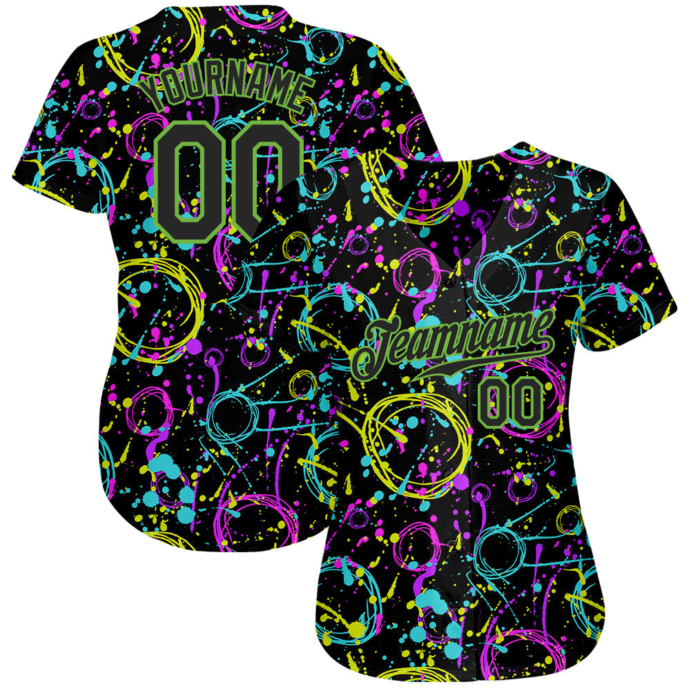 Custom Graffiti Pattern Black-Neon Green 3D Neon Splatter Authentic Baseball Jersey - Owls Matrix LTD