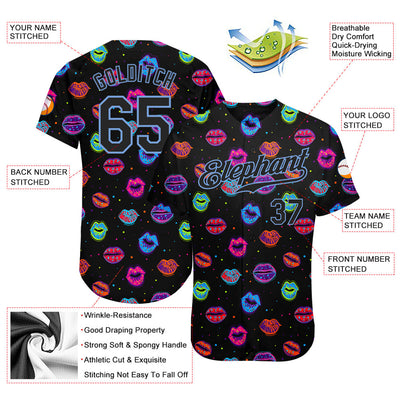 Custom Graffiti Pattern Black-Light Blue 3D Dots And Kiss Lips Authentic Baseball Jersey - Owls Matrix LTD