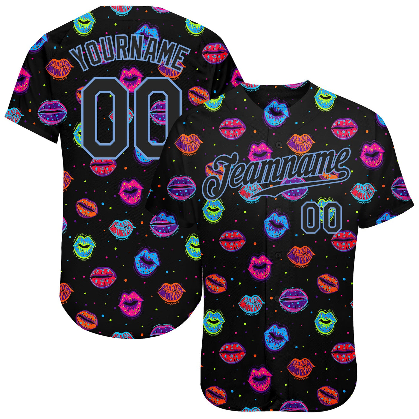 Custom Graffiti Pattern Black-Light Blue 3D Dots And Kiss Lips Authentic Baseball Jersey - Owls Matrix LTD