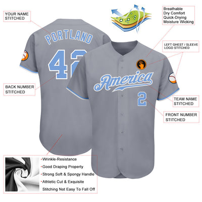 Custom Gray Light Blue-White Authentic Baseball Jersey - Owls Matrix LTD