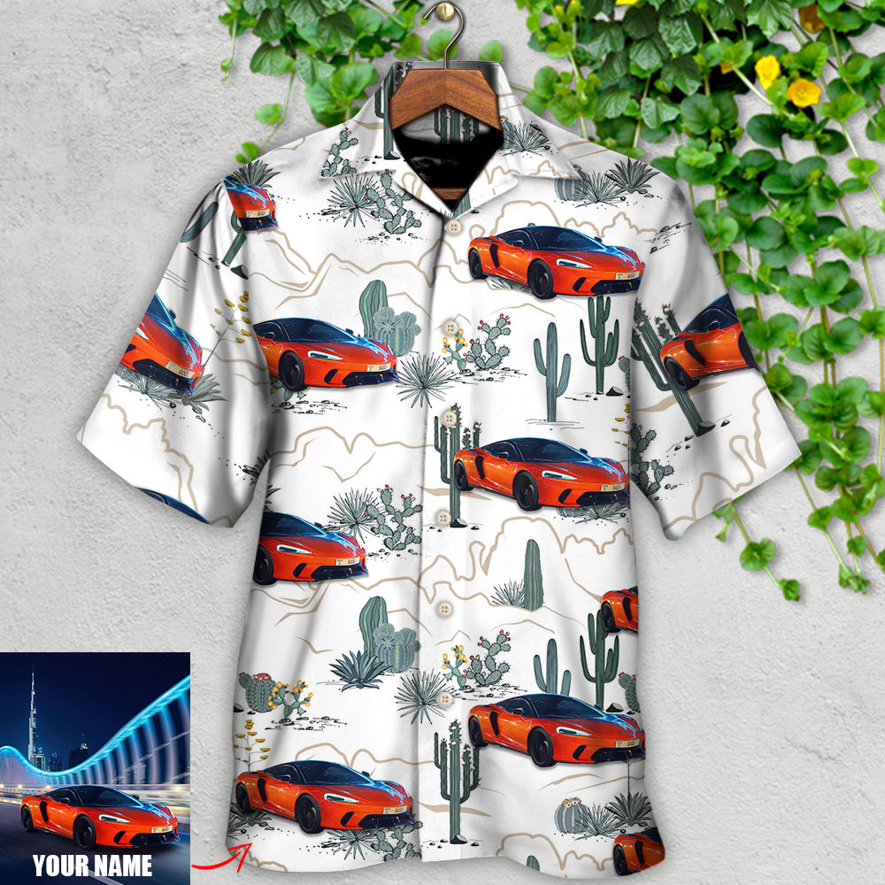 Car Desert With Mountains Blooming Cacti Opuntia And Saguaro Custom Photo - Hawaiian Shirt - Owls Matrix LTD