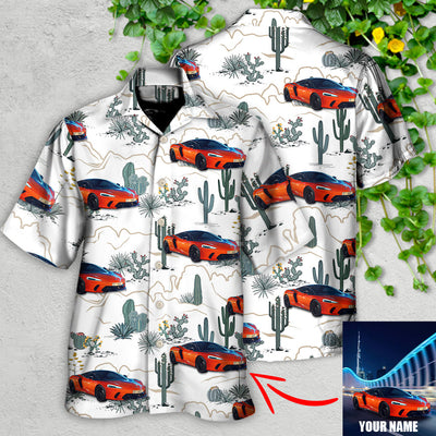Car Desert With Mountains Blooming Cacti Opuntia And Saguaro Custom Photo - Hawaiian Shirt - Owls Matrix LTD