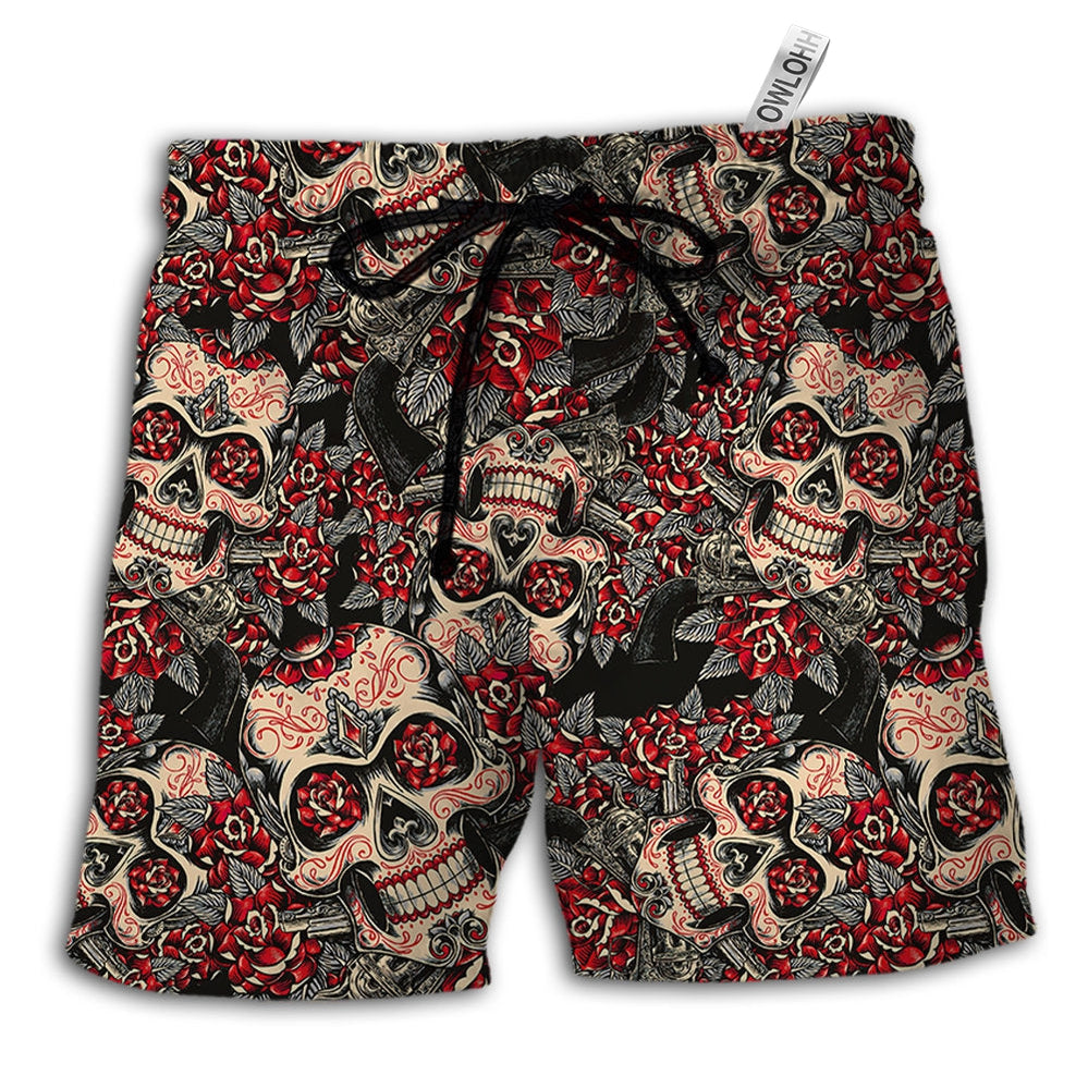 Beach Short / Adults / S Sugar Skull Red Floral - Beach Short - Owls Matrix LTD