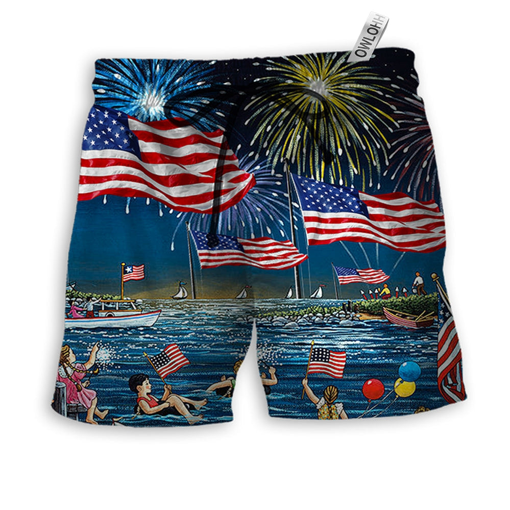 Beach Short / Adults / S America Independence Day Fun Day Firework - Beach Short - Owls Matrix LTD