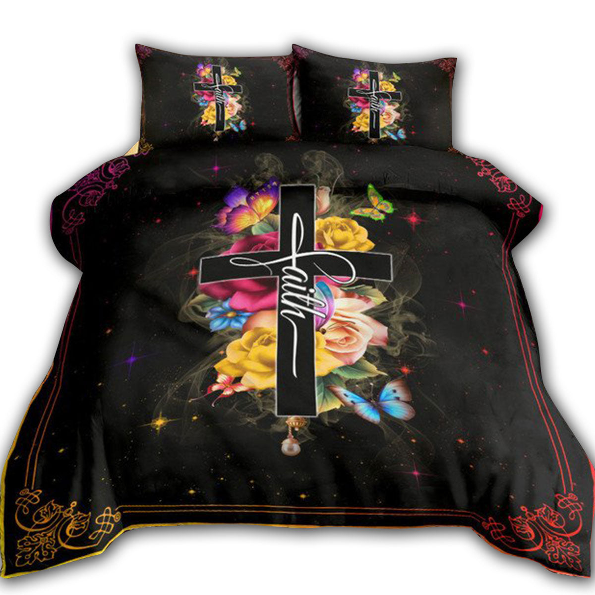 US / Twin (68" x 86") Jesus Faith Rose Butterfly Cross Dark - Bedding Cover - Owls Matrix LTD