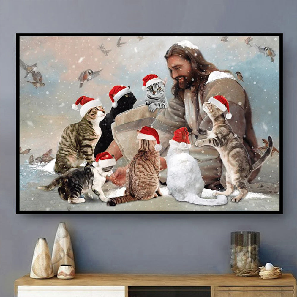 Jesus Surrounded By Cat Angels Christmas - Horizontal Poster - Owls Matrix LTD