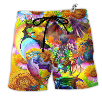Beach Short / Adults / S LGBT Dragon Keep Calm And Pride On Sunflower - Beach Short - Owls Matrix LTD