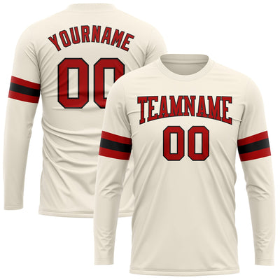 Custom Cream Red-Black Long Sleeve Performance T-Shirt