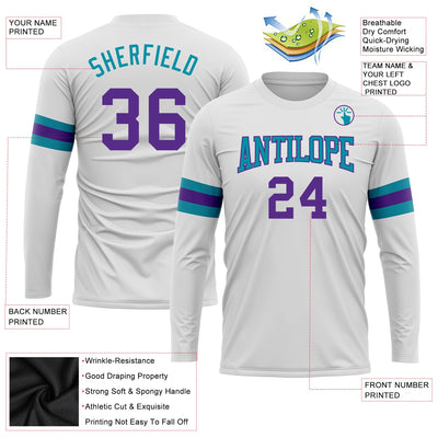 Custom White Purple-Teal Long Sleeve Performance T-Shirt