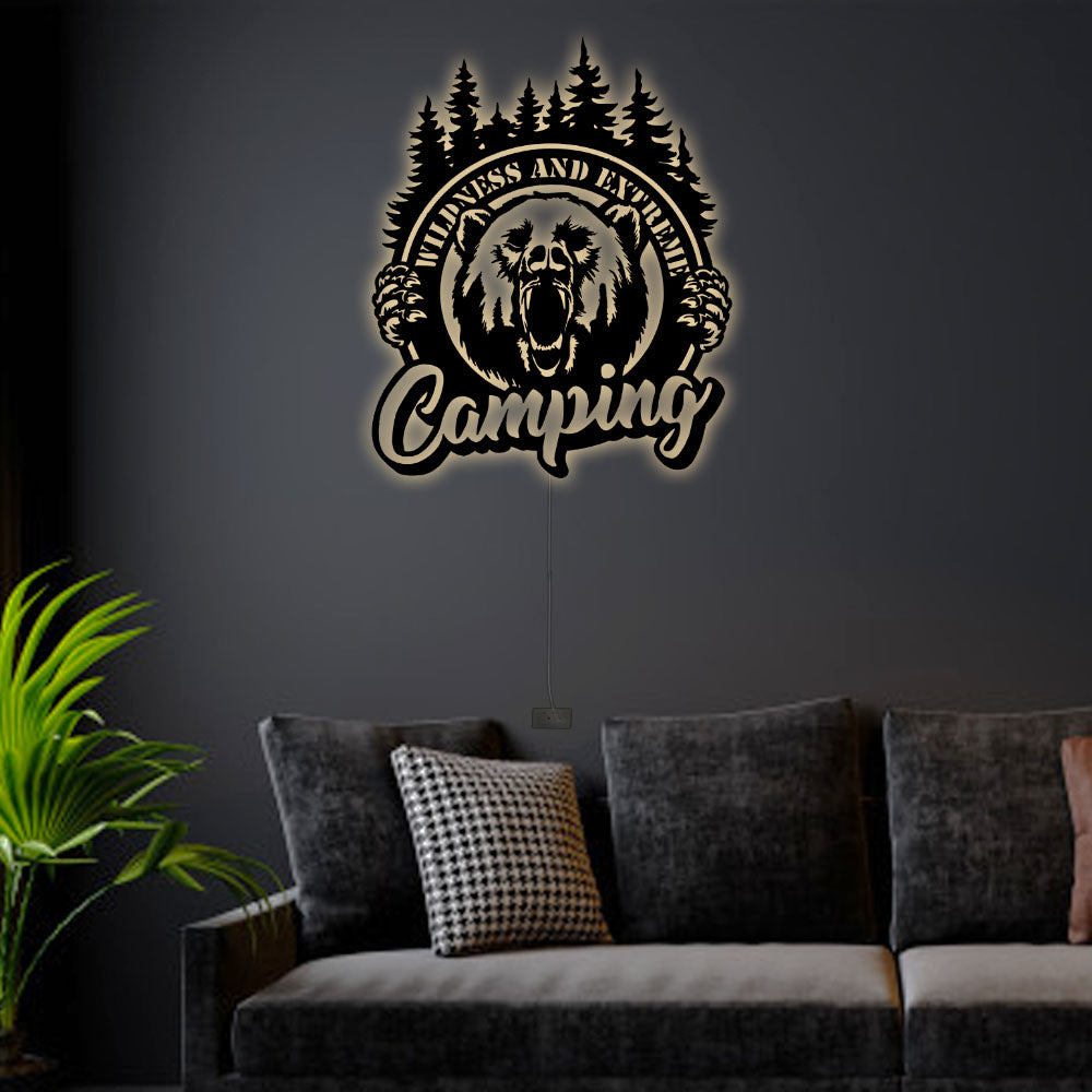12"x12" Camping In The Forest - Led Light Metal - Owls Matrix LTD