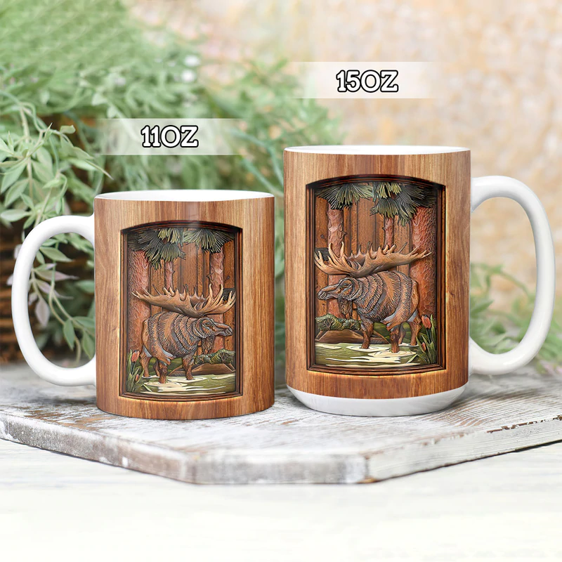 11 Oz Moose Hunting Wooden - Ceramic Mug - Owls Matrix LTD