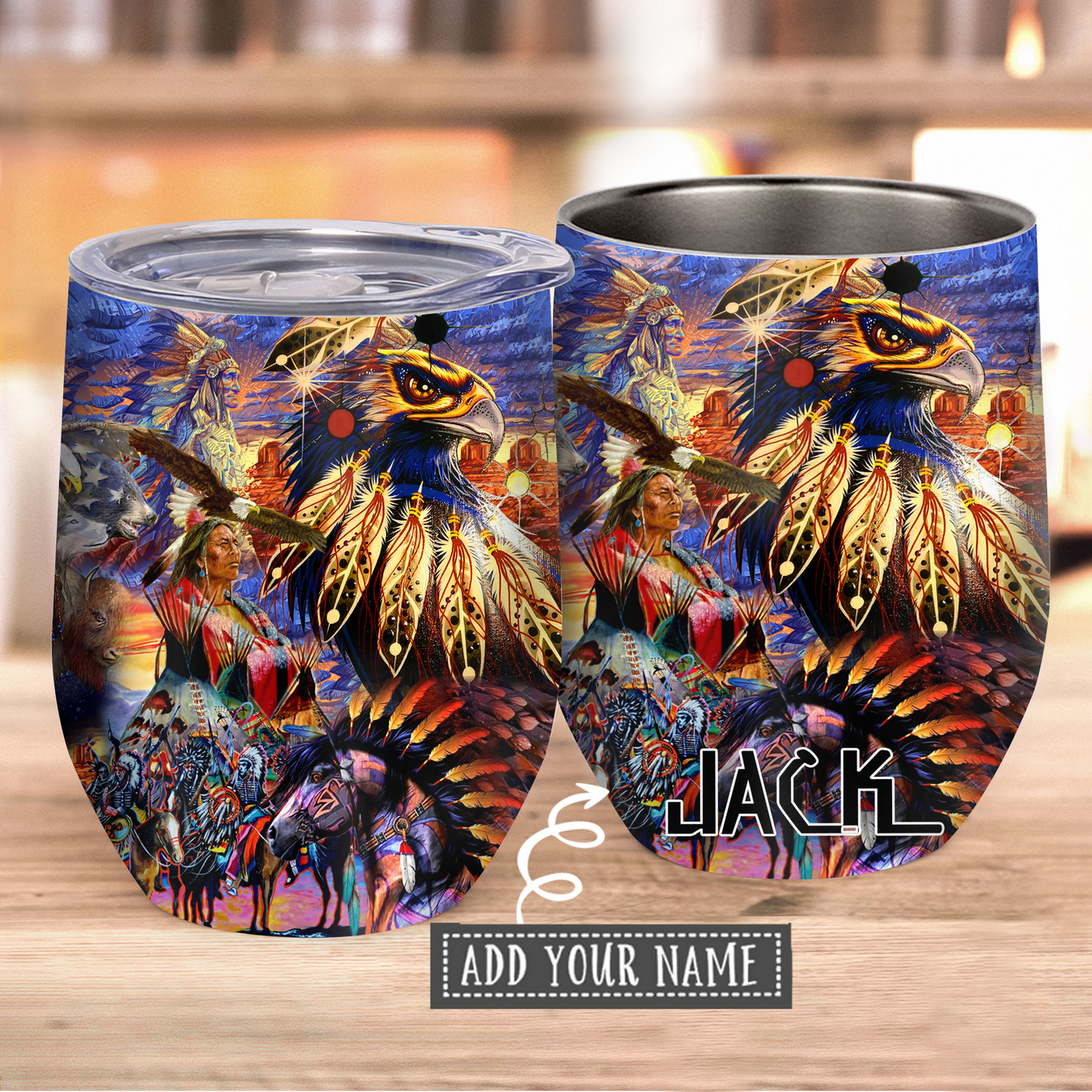 Native Eagle Pride With Colors Personalized - Wine Tumbler - Owls Matrix LTD