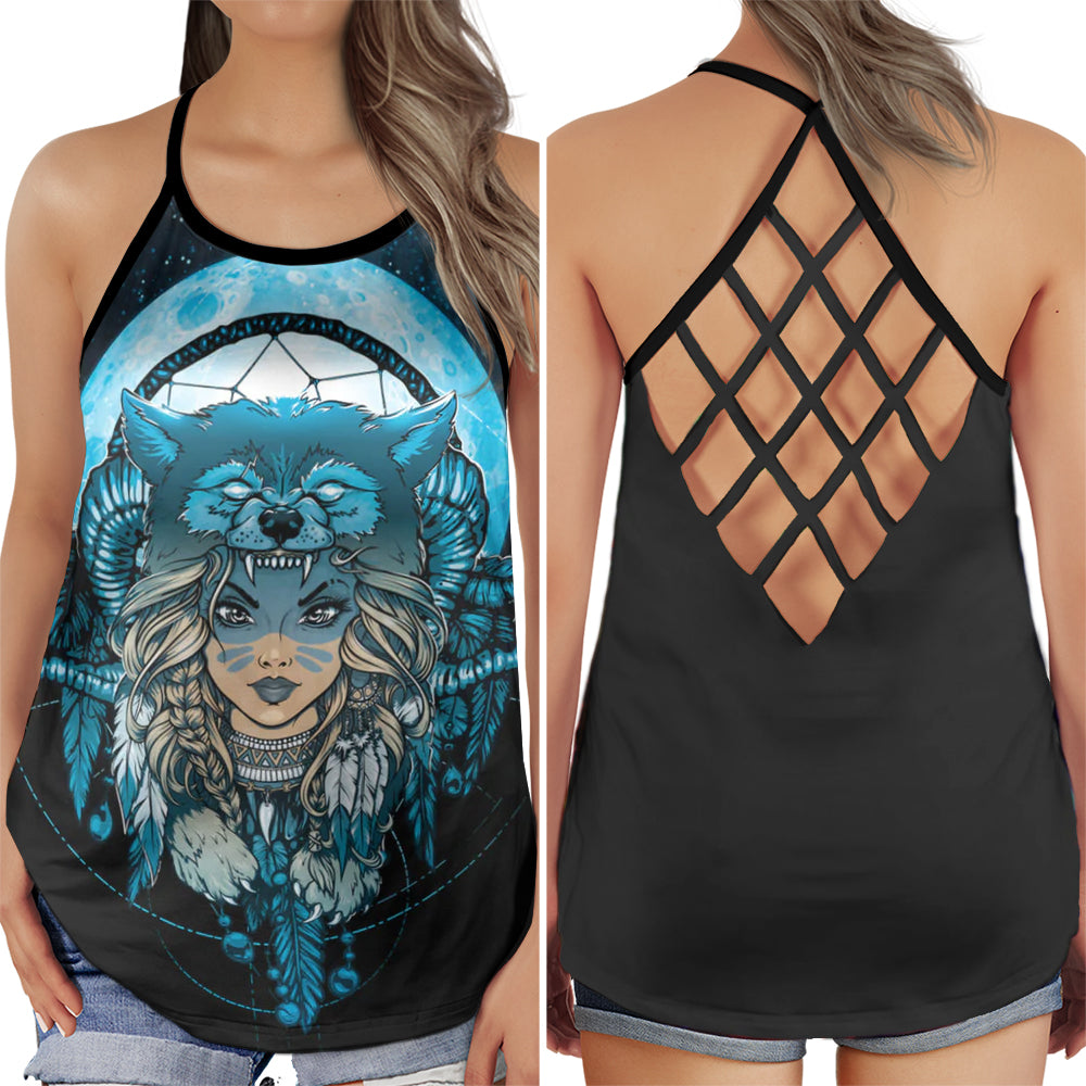 S Native Girl Blue Wolf Dreamcatcher Black Style - Cross Open Back Tank Top - Owls Matrix LTD