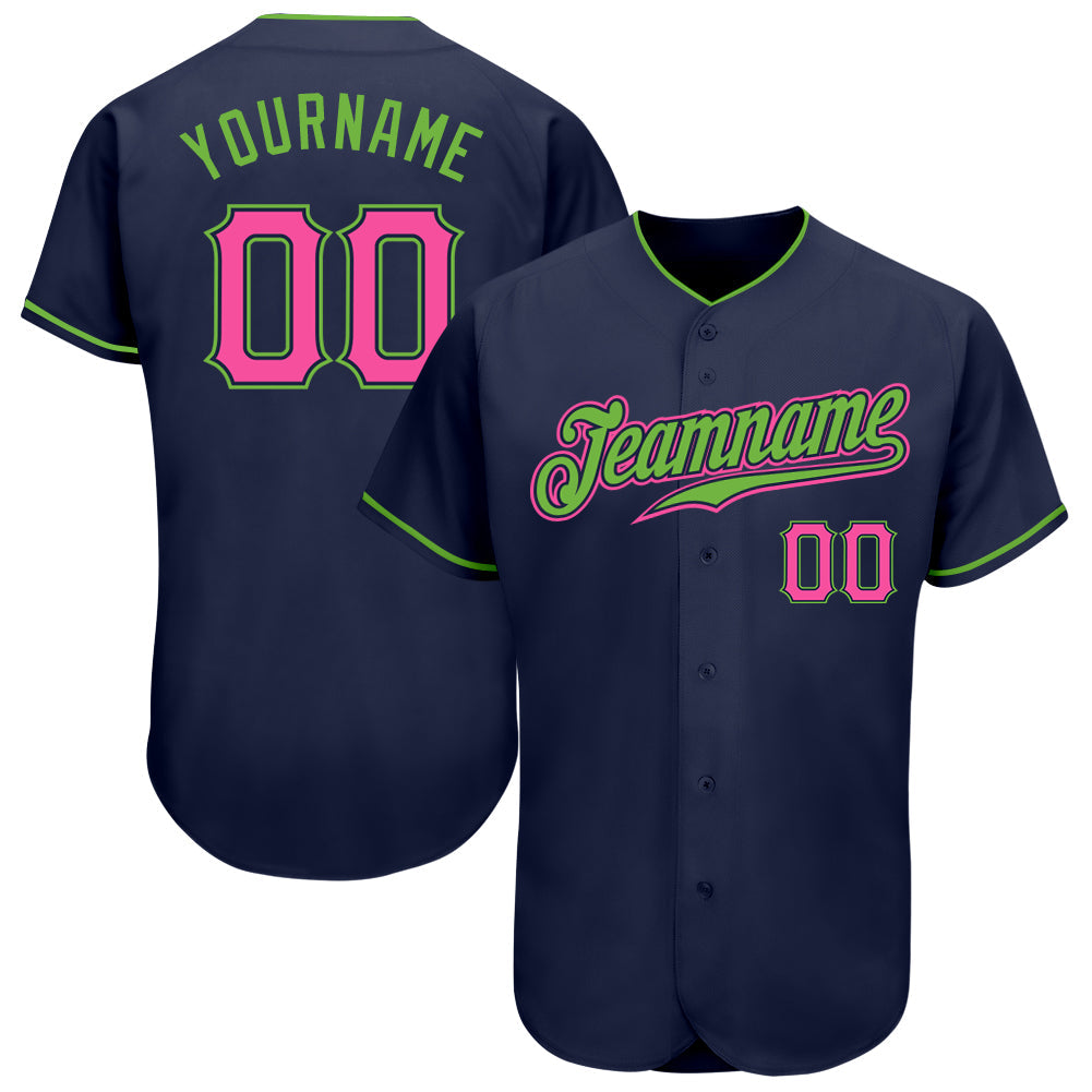 Custom Navy Pink-Neon Green Authentic Baseball Jersey - Owls Matrix LTD