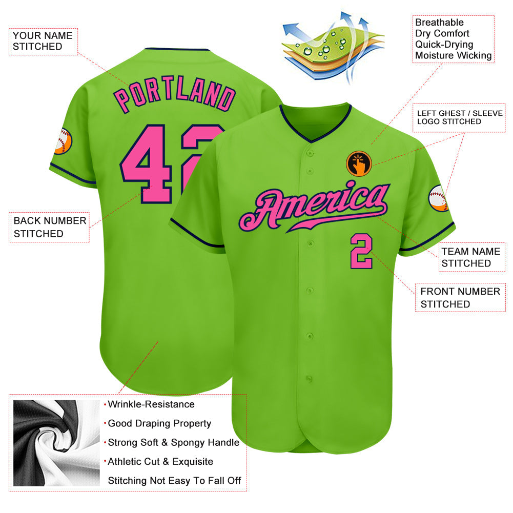 Custom Neon Green Pink-Navy Authentic Baseball Jersey - Owls Matrix LTD