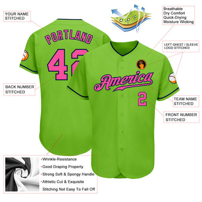 Custom Neon Green Pink-Navy Authentic Baseball Jersey - Owls Matrix LTD