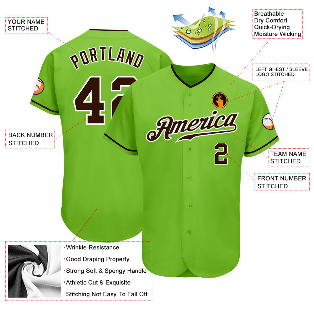Custom Neon Green Brown-White Authentic Baseball Jersey - Owls Matrix LTD