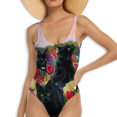 S Black Cat Loves Flower Color - One-piece Swimsuit - Owls Matrix LTD