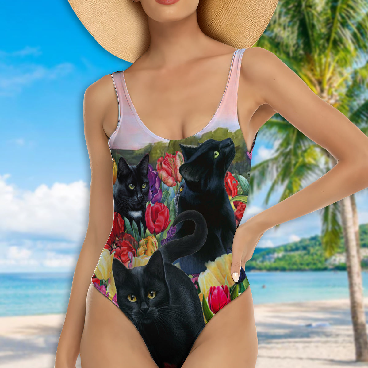 Black Cat Loves Flower Color - One-piece Swimsuit - Owls Matrix LTD