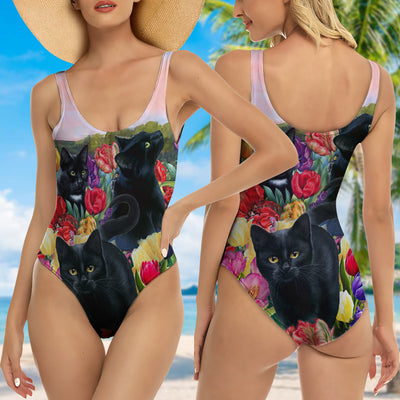 Black Cat Loves Flower Color - One-piece Swimsuit - Owls Matrix LTD