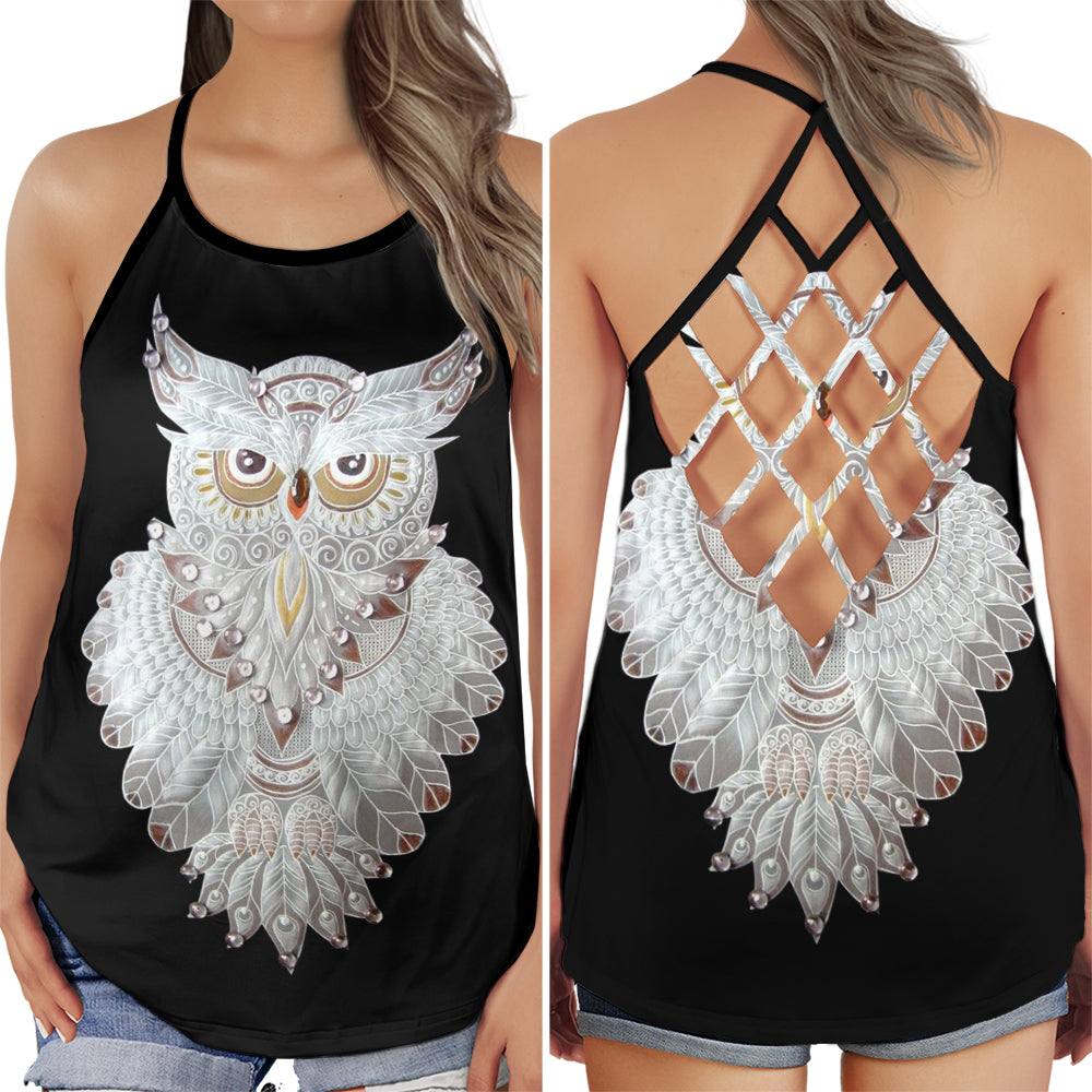 S Owl Dreamer With Light Colors - Cross Open Back Tank Top - Owls Matrix LTD